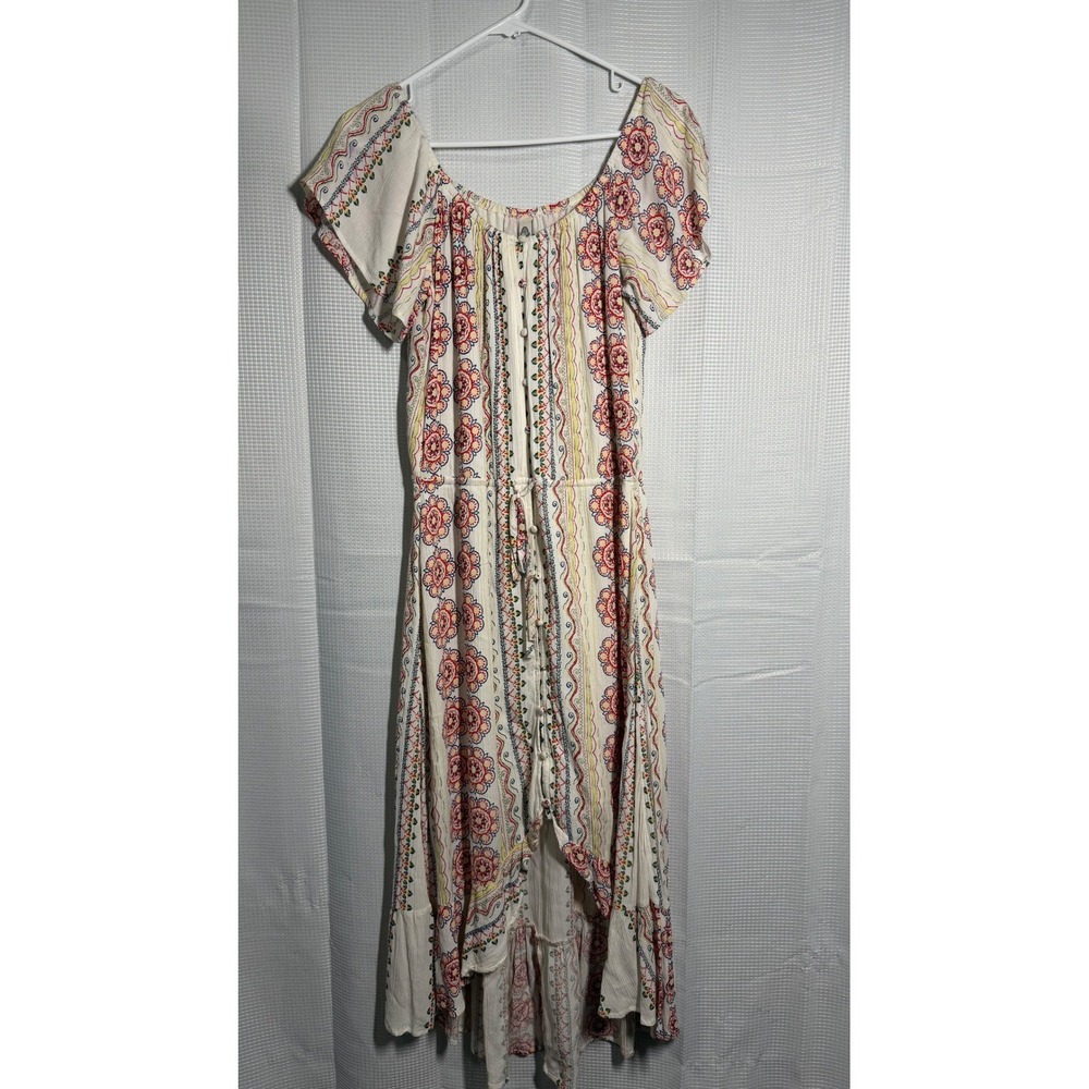 American Rag‎ High-Low Maxi Dress L Cream Red Boho Off-Shoulder Print